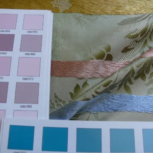 P1260136 HiEnd 100% silk Damask Lisere Rose Urn Renaissance "palm" Light Green Yellow Pink Blue Neoclassical