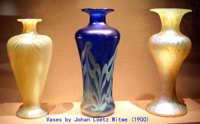 Johann_loetz_witwe,_vasi_iridescenti,_1900 by yard 100% Silk Lampas Curvy Modern River "silver" Gold White Art Nouveau