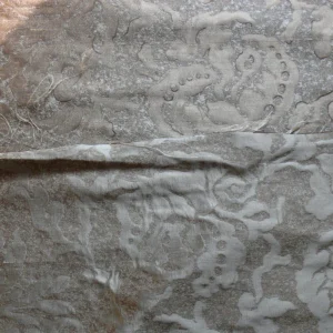 P1180326 by yard 100% Silk Jacquard Papercut Pomegranate Flower "december" Silver Mid Century Strie