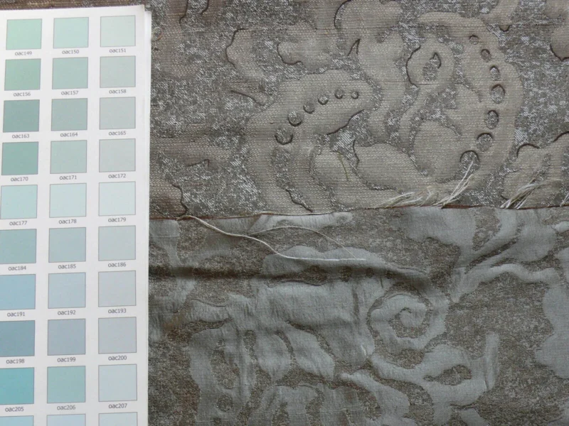 P1180329 by yard 100% Silk Jacquard Papercut Pomegranate Flower "december" Silver Mid Century Strie