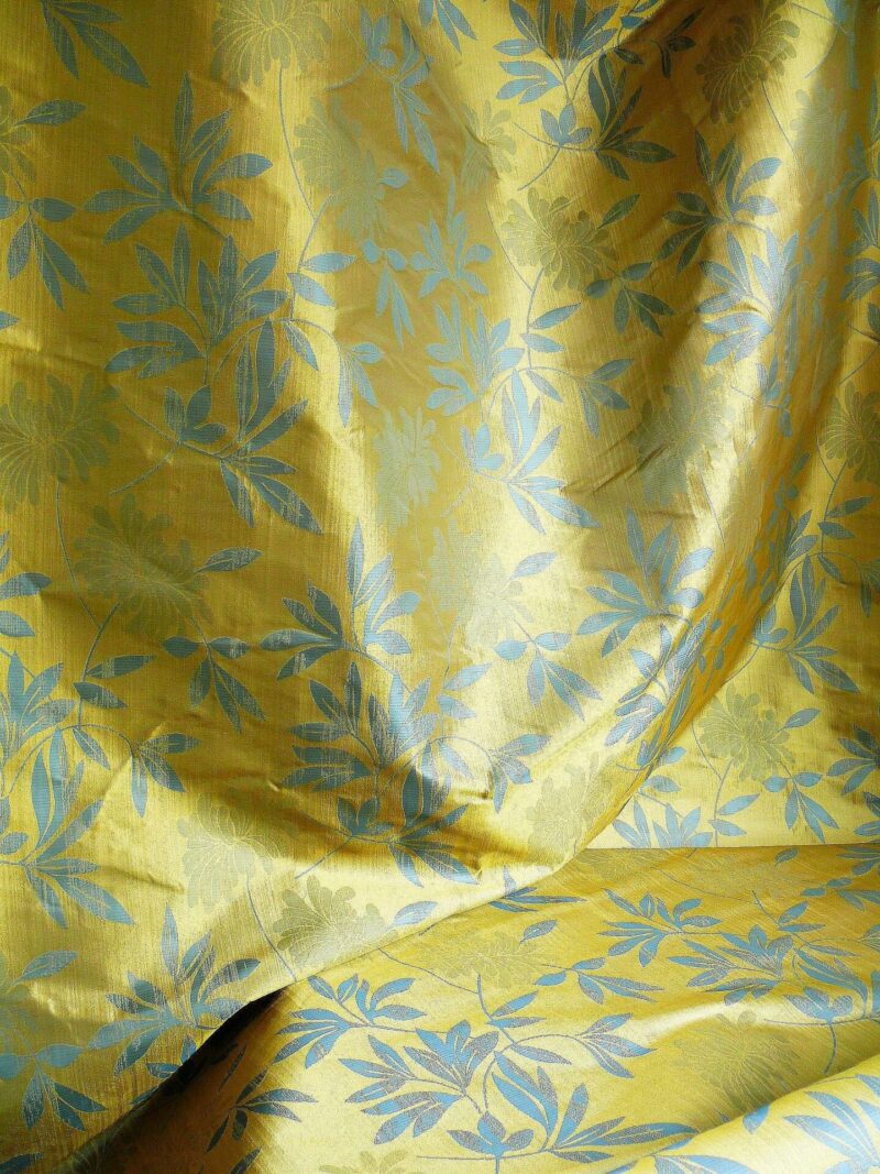 P1260023 By yard 100% Silk Lampas Bali Breeze "ocean" Blue Flora Tropical Reversible