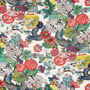 By yard  Schumacher Chiang Mai Dragon Jewel Tones On Alabaster Linen Print 173273