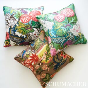 By yard  Schumacher Chiang Mai Dragon Jewel Tones On Alabaster Linen Print 173273