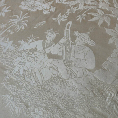 products-P1590404 100% Silk Damask Chinoiserie Toile Music Garden "nimbus" Cream White