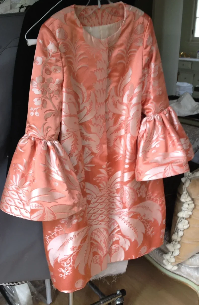 Scalamandre Natchez Silk Jacket By Yard Scalamandre "NATCHEZ" Silk Lampas in Ripe Peach and Cream Salmon Pink & Off White Silver PineappleWhite 18th C MSRP00+/Y