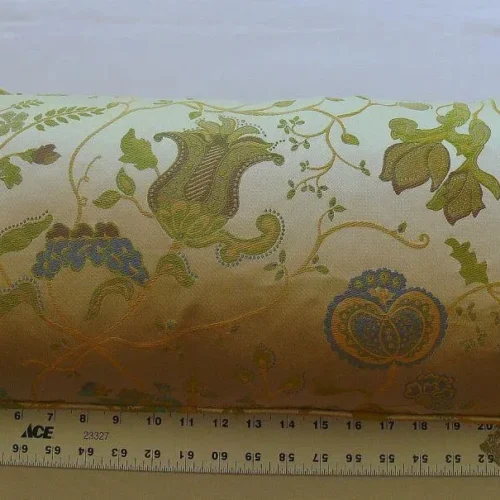 100% SILK LAMPAS GRN & BL ON CREAM POM FLOWER PILLOW 25X11" 1508 100% SILK LAMPAS GRN & BL ON CREAM POM FLOWER PILLOW 25X11" 1508