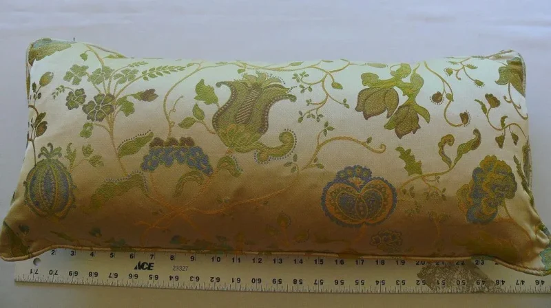 100% SILK LAMPAS GRN & BL ON CREAM POM FLOWER PILLOW 25X11" 1508 100% SILK LAMPAS GRN & BL ON CREAM POM FLOWER PILLOW 25X11" 1508