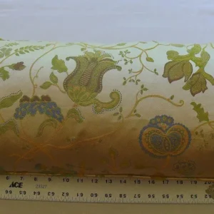P1580577.jpg 100% Silk Lampas Green & Blue On Cream Gold Pom Flower Pillow 25x11" 1508