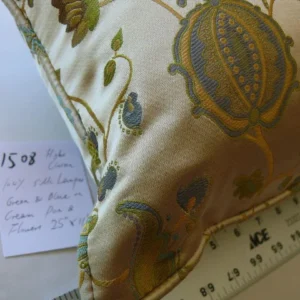 P1580578.jpg 100% Silk Lampas Green & Blue On Cream Gold Pom Flower Pillow 25x11" 1508