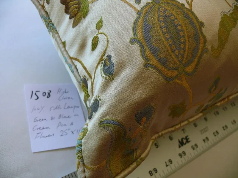 P1580578.jpg 100% Silk Lampas Green & Blue On Cream Gold Pom Flower Pillow 25x11" 1508