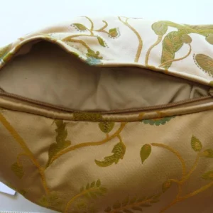 P1580579.jpg 100% Silk Lampas Green & Blue On Cream Gold Pom Flower Pillow 25x11" 1508