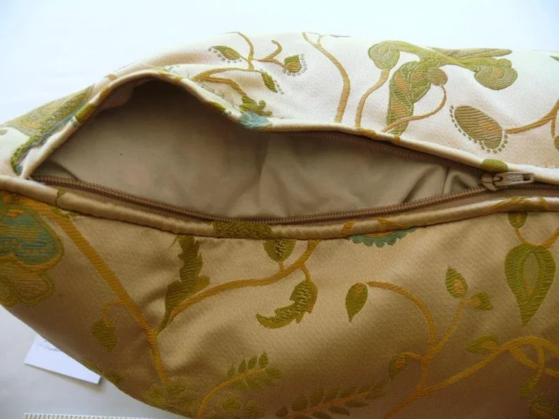 P1580579.jpg 100% Silk Lampas Green & Blue On Cream Gold Pom Flower Pillow 25x11" 1508