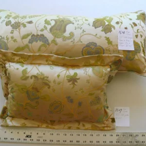 P1580583.jpg 100% Silk Lampas Green & Blue On Cream Gold Pom Flower Pillow 25x11" 1508