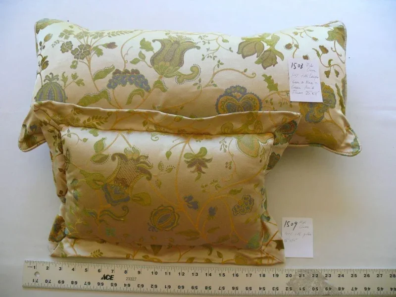 P1580583.jpg 100% Silk Lampas Green & Blue On Cream Gold Pom Flower Pillow 25x11" 1508