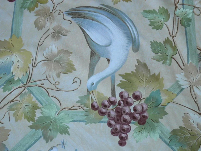 BRUNSHWIG & FILS GRAPE CRANE LEAVES GREEN VIOLET ON YELLOW BTY BRUNSHWIG & FILS GRAPE CRANE LEAVES GREEN VIOLET ON YELLOW BTY