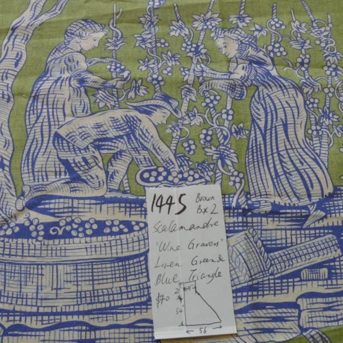 SCALAMANDRE THE WINE GROWER LINEN PRINT GREEN BLUE 1Y++ #1444 SCALAMANDRE THE WINE GROWER LINEN PRINT GREEN BLUE 1Y++ #1444