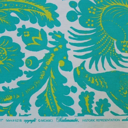 SCALAMANDRE RESIST PRINT BIRD FLOWER TOILE LINEN POOL GREEN BLUE SCALAMANDRE RESIST PRINT BIRD FLOWER TOILE LINEN POOL GREEN BLUE