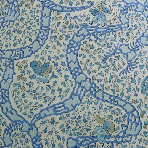 VERVAIN PEKING FIGURE PRINT CHINOSERIE BLUE AQUA WHITE VERVAIN PEKING FIGURE PRINT CHINOSERIE BLUE AQUA WHITE