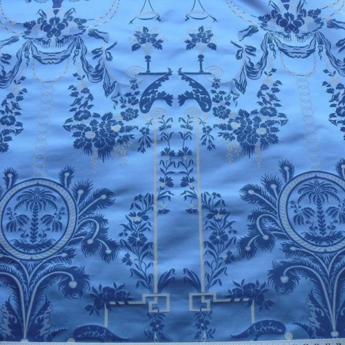 SCALAMANDRE NEOCLASSICAL MEUSE ORNAMENTAL SILVER & BLUE Silk BTY SCALAMANDRE NEOCLASSICAL MEUSE ORNAMENTAL SILVER & BLUE Silk BTY