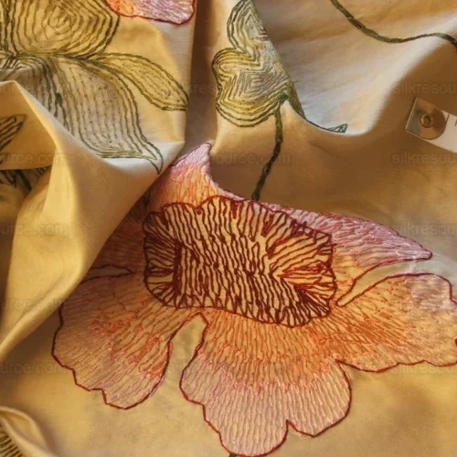 100% SILK LARGE PINK RED FLOWER CREWEL EMBROIDERY 100% SILK LARGE PINK RED FLOWER CREWEL EMBROIDERY