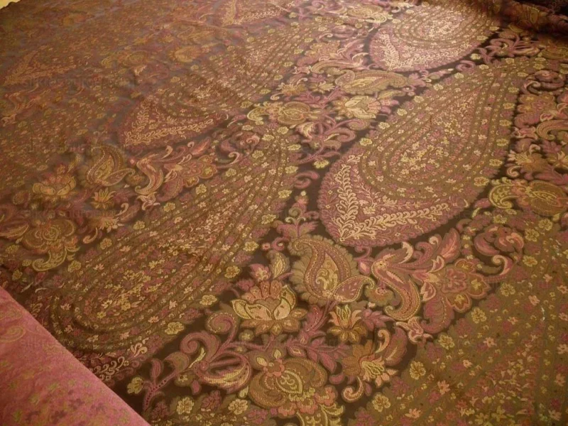 P1110416.jpg By Yard Fab 100% Silk Lampas Cashmere Paisley "mulberry"red Brown Deep Purple MSRP USD200+/yard