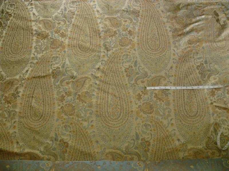 P1110466.jpg 100% Silk Lampas Cashmere Paisley Seaside Blue Gold By Yard