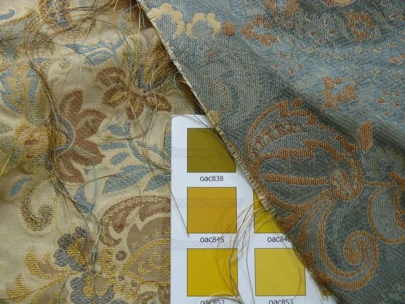 P1110471.jpg 100% Silk Lampas Cashmere Paisley Seaside Blue Gold By Yard