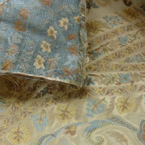 P1110473.jpg 100% Silk Lampas Cashmere Paisley Seaside Blue Gold By Yard