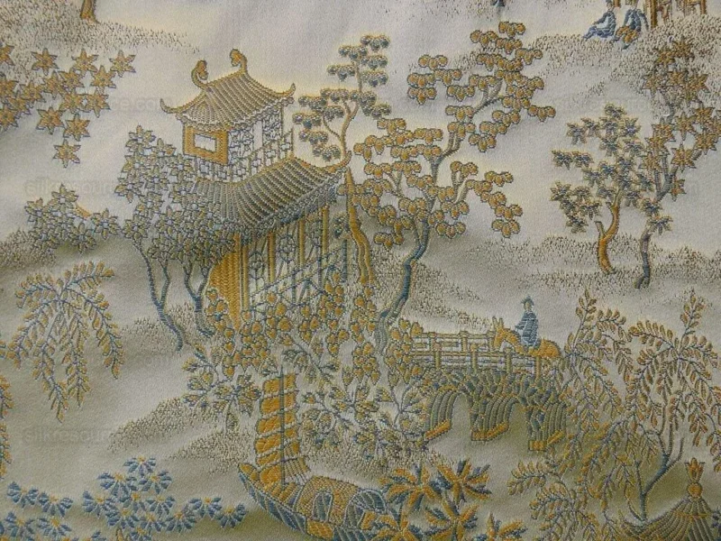 P1110831.jpg by yard 100% Silk Lampas Empire Chinoiserie Pavillion Blue