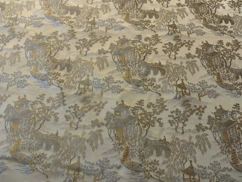 P1110832.jpg by yard 100% Silk Lampas Empire Chinoiserie Pavillion Blue