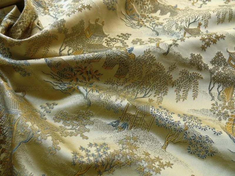 P1110836.jpg by yard 100% Silk Lampas Empire Chinoiserie Pavillion Blue