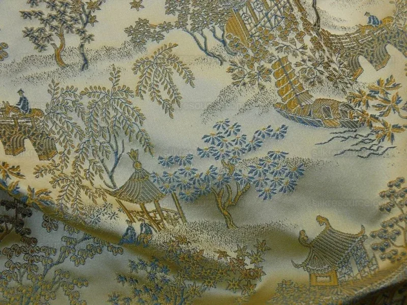 P1110837.jpg by yard 100% Silk Lampas Empire Chinoiserie Pavillion Blue