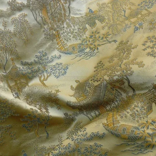 100% SILK LAMPAS EMPIRE CHINOISERIE PAVILLION BLUE YD 100% SILK LAMPAS EMPIRE CHINOISERIE PAVILLION BLUE YD