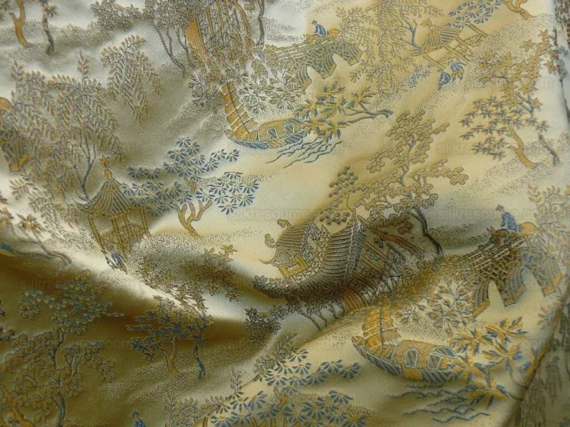P1110838.jpg by yard 100% Silk Lampas Empire Chinoiserie Pavillion Blue