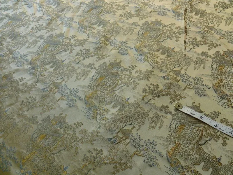 P1110842.jpg by yard 100% Silk Lampas Empire Chinoiserie Pavillion Blue