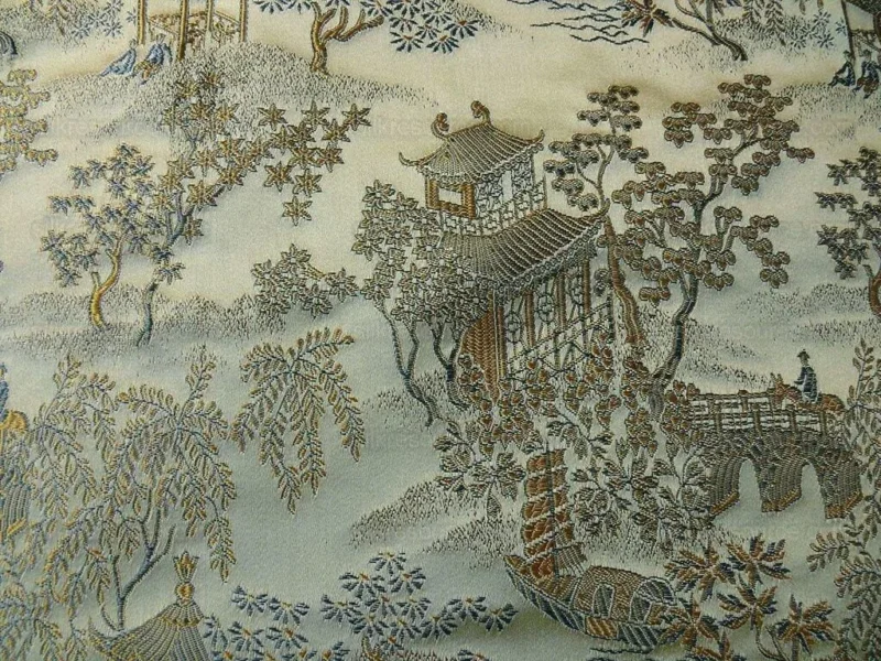 P1110843.jpg by yard 100% Silk Lampas Empire Chinoiserie Pavillion Blue