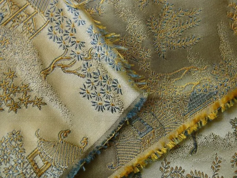 P1110844.jpg by yard 100% Silk Lampas Empire Chinoiserie Pavillion Blue