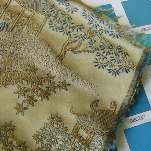 P1110845.jpg by yard 100% Silk Lampas Empire Chinoiserie Pavillion Blue