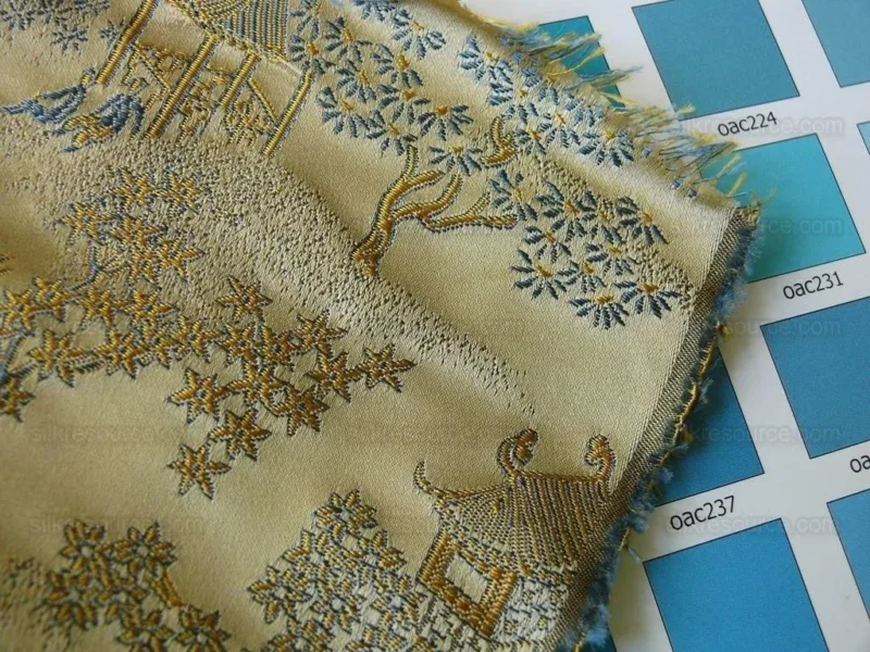 P1110845.jpg by yard 100% Silk Lampas Empire Chinoiserie Pavillion Blue