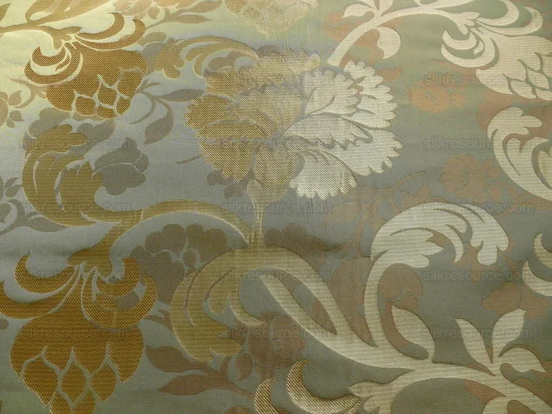 100% SILK LAMPAS CARNATION CREWEL "SAGE" GOLD 100% SILK LAMPAS CARNATION CREWEL "SAGE" GOLD