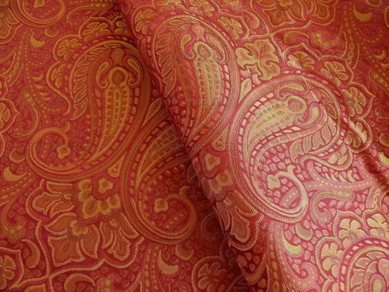 100% SILK LAMPAS SMALL JEWELLED PAISLEY "SCARLET" RED 100% SILK LAMPAS SMALL JEWELLED PAISLEY "SCARLET" RED