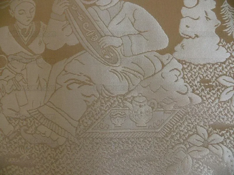 Bty 100% Silk Damask Chinoiserie Music Garden "whitegold"