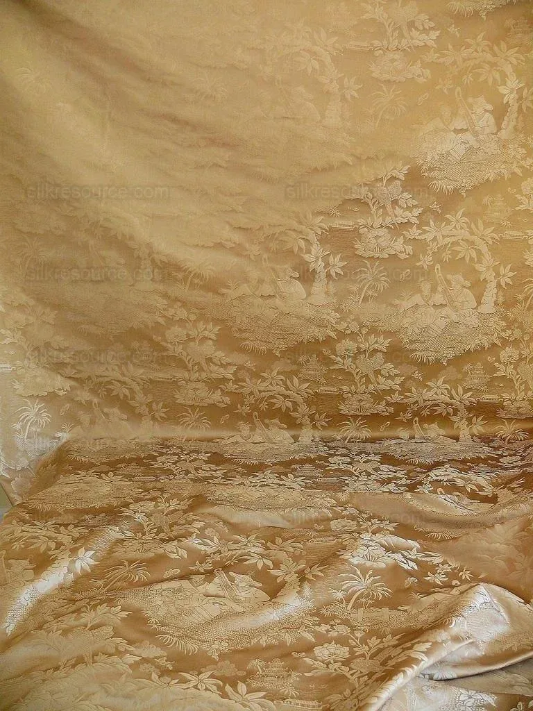 Bty 100% Silk Damask Chinoiserie Music Garden "whitegold"
