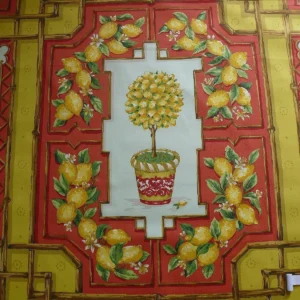 Tyler Hall "lemoncello" Lemon Tree Mandarin Bamboo Red Lattice On Cotton Satin Orangery Greenhouse by Dennis Lee