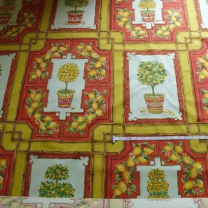 Tyler Hall "lemoncello" Lemon Tree Mandarin Bamboo Red Lattice On Cotton Satin Orangery Greenhouse by Dennis Lee