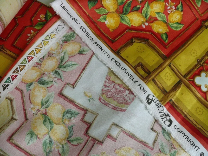 Tyler Hall "lemoncello" Lemon Tree Mandarin Bamboo Red Lattice On Cotton Satin Orangery Greenhouse by Dennis Lee