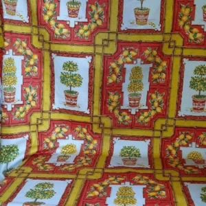 Tyler Hall "lemoncello" Lemon Tree Mandarin Bamboo Red Lattice On Cotton Satin Orangery Greenhouse by Dennis Lee