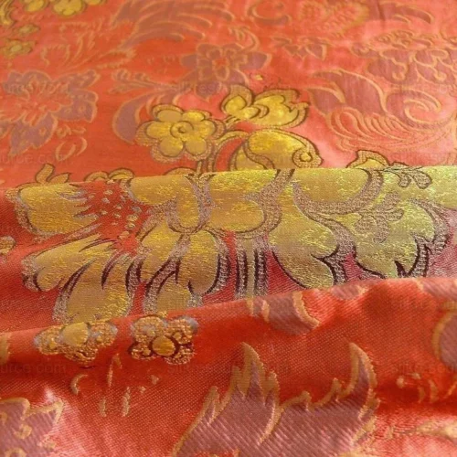 100% SILK LAMPAS PEONY PAISLEY "RUST" RED