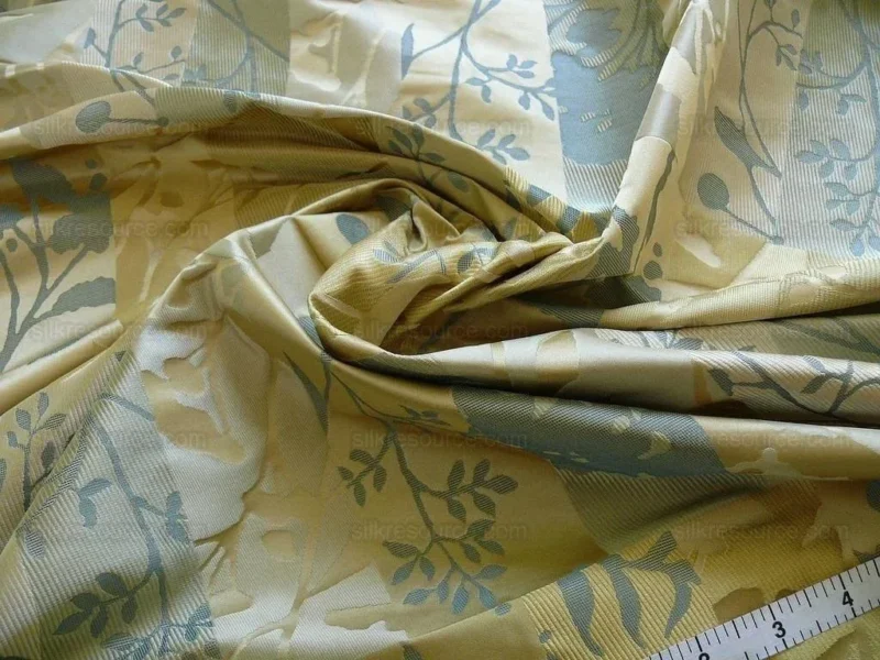 P1240383.jpg High End Art Nouveau100% Silk Lampas Botanical Silhouette Rectangles "spring" Gold Blue Green