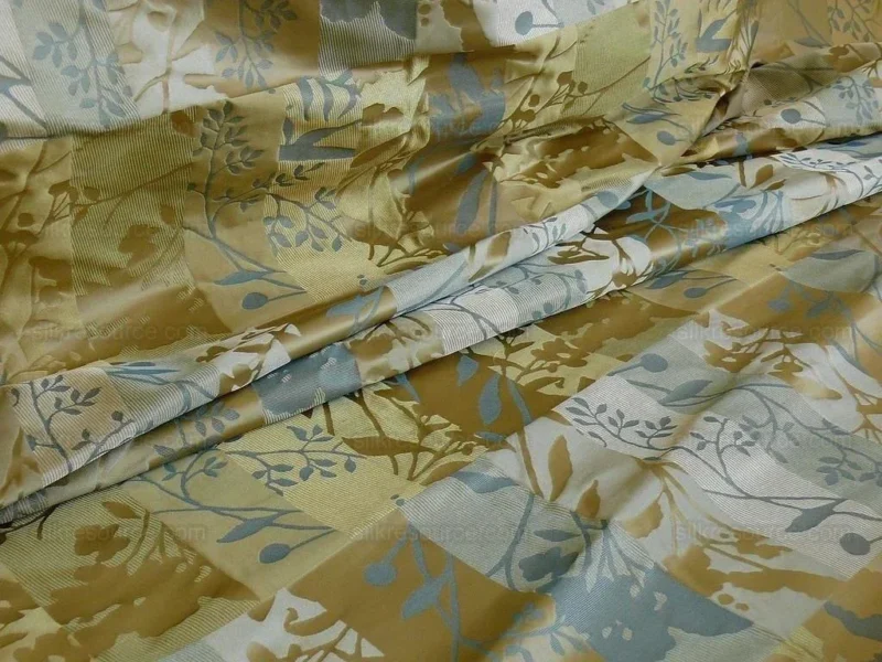 P1240389.jpg High End Art Nouveau100% Silk Lampas Botanical Silhouette Rectangles "spring" Gold Blue Green